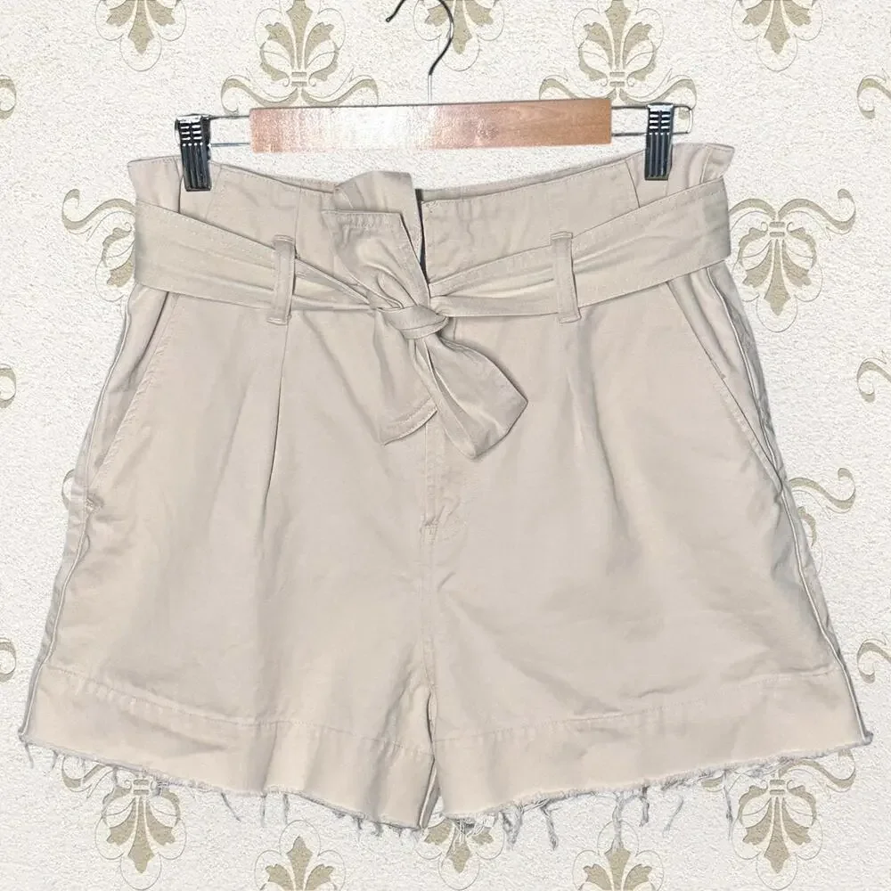 ALLSAINTS Cala Paperbag Belted Shorts Pleated Frayed Hem Beige Ivory High Rise